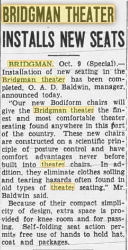 Bridgman Theatre - Oct 9 1940 Article (newer photo)